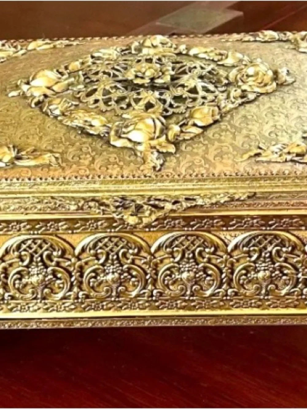 Vintage Brass Globe Hollywood Regency Ornate Claw Foot Floral Jewelry Box